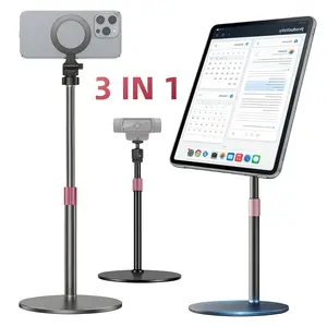 3 in 1 Magnetic Desk Phone & Tablet Stand for MagSafe, 360° Rotating Desktop Phone Holder Mount for Home Office Video Recording Smartphone Cellphone Accessories, 15.35" - 21.65" Height Adjustable, for 1/4" Action Camera, with Metal Ring for All Phones