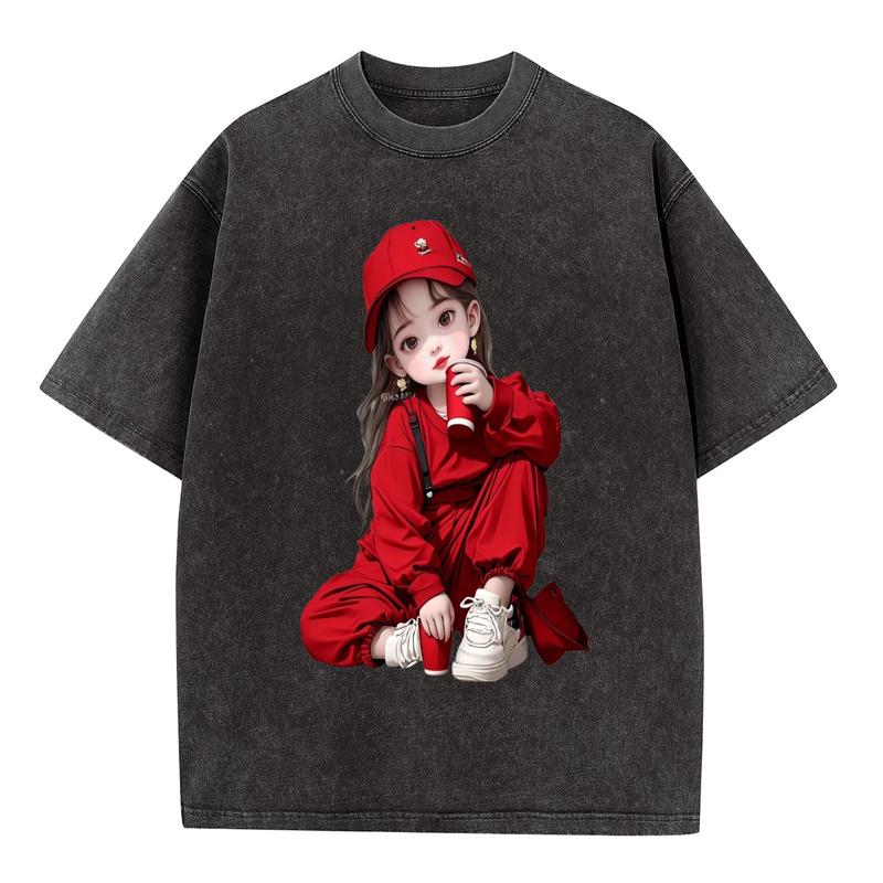 Women's Plus Size Acid Wash Cotton T-Shirt - Cute Anime Girl Graphic, Oversized Short Sleeve Crew Neck, Curvy Fit for Casual, Beach, Anniversary Streetwear Vintage Tee