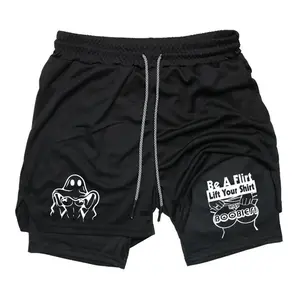 Funny Ghost Flirt Graphic 2 in 1 Shorts Sweat Shorts for Men Drawstring Waist Streetwear Style Summer Outfits Men Shorts Guys Gifts