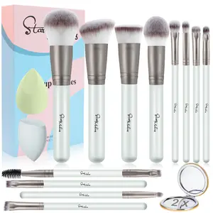 START MAKERS 15PCS Professional Makeup Brushes Set Premium Synthetic Foundation Powder Concealer Eyeshadow Blush Kabuki Brushes Kit with 2 Makeup Sponges Dual-Sided Mirror Colorful Brush Set with Powder Puff Smoky Blending Brush Set Ended Soft Focus Eyesh