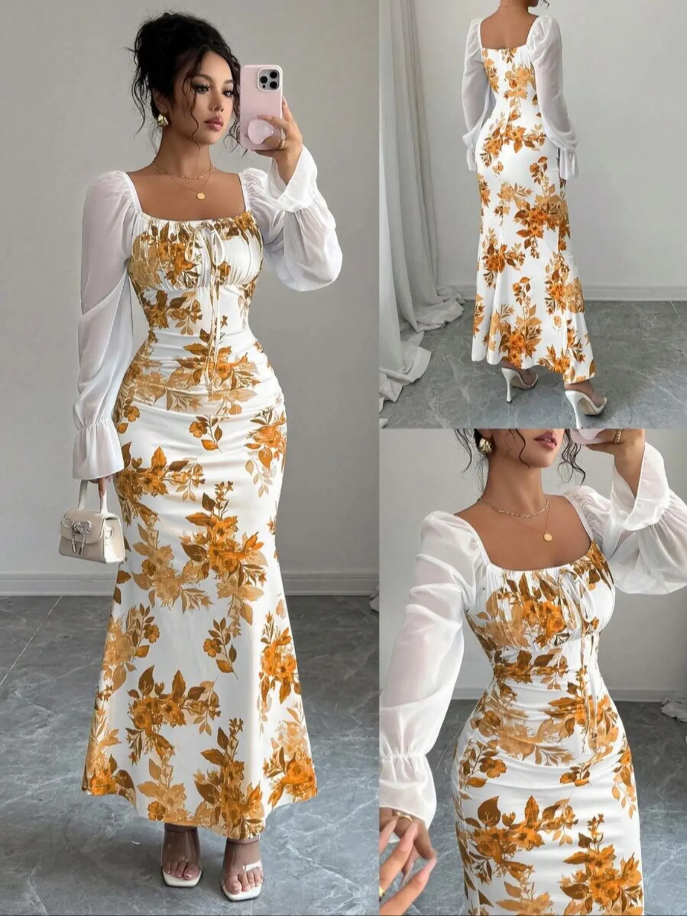 New Women's Fall Long Dress, Bow Tie Chiffon Flounce Sleeve Design, Elegant Slim-Fitting, Floral Formal Dress, Perfect for Formal, Dates, Parties, Daily Wear