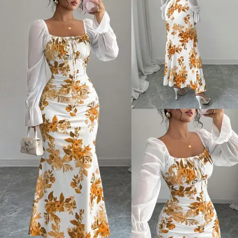 New Women's Long Dress Lightweight Ankle Dress; Square Neck Bow Lightweight Chiffon Puff Sleeves, Elegant Slim-Fitting Design, All over Leaf and Floral Print, Perfect for Casual Wear, Summer