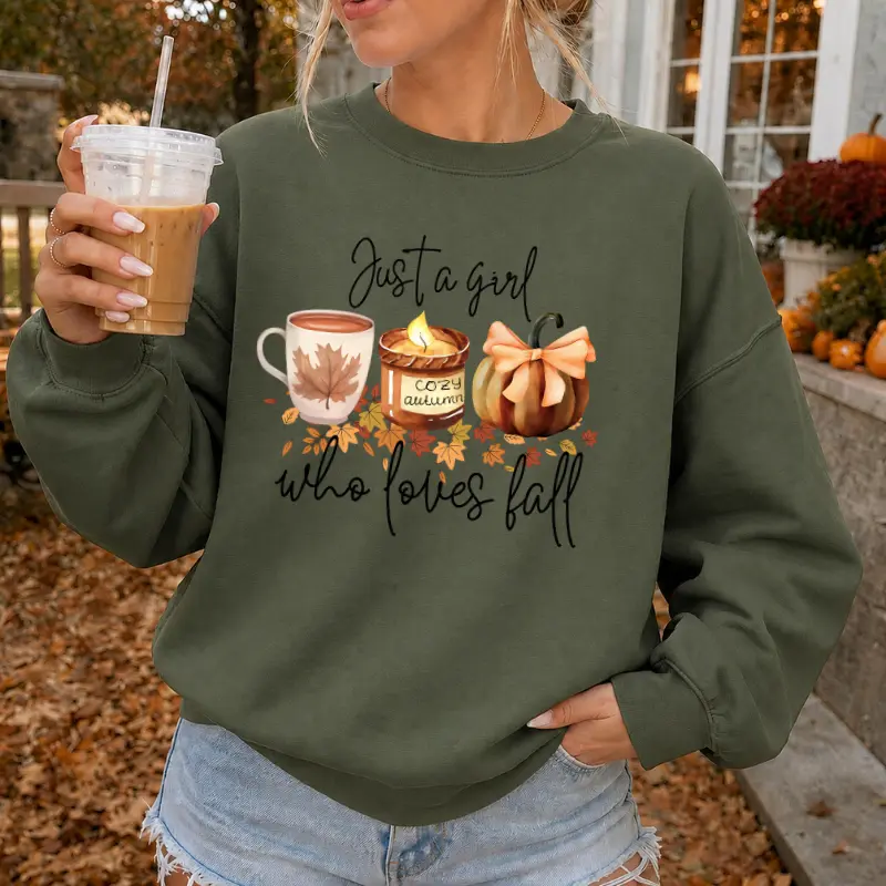 Retro Just A Girl Who Loves Fall Sweatshirt, Cozy Autumn Crewneck, Pumpkin Season Graphic Pullover, Football Coffee Lover Sweatshirt, Thanksgiving Gift for Women, Cotton Top Womenswear