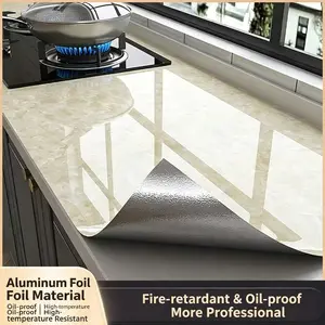 Marble Pattern Aluminum Foil Self-Adhesive Oil-Resistant Kitchen Sticker, Fireproof and Heat-Resistant Surface Protector for Cabinets and Stovetop Backsplash, Easy Peel and Stick Waterproof Wall Covering
