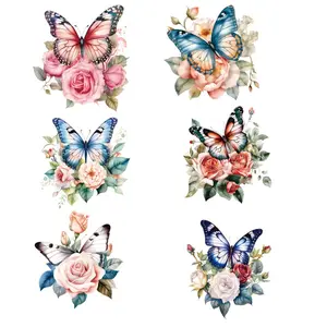 6 pcs/set Butterfly and Rose DIY Iron-On Transfer Stickers, Washable Heat Transfer Decals, Hot Press Patch, Plastic Sol Paste DIY for Clothing, T-shirts, Masks, Jeans, Backpacks, Diy Flower Decor