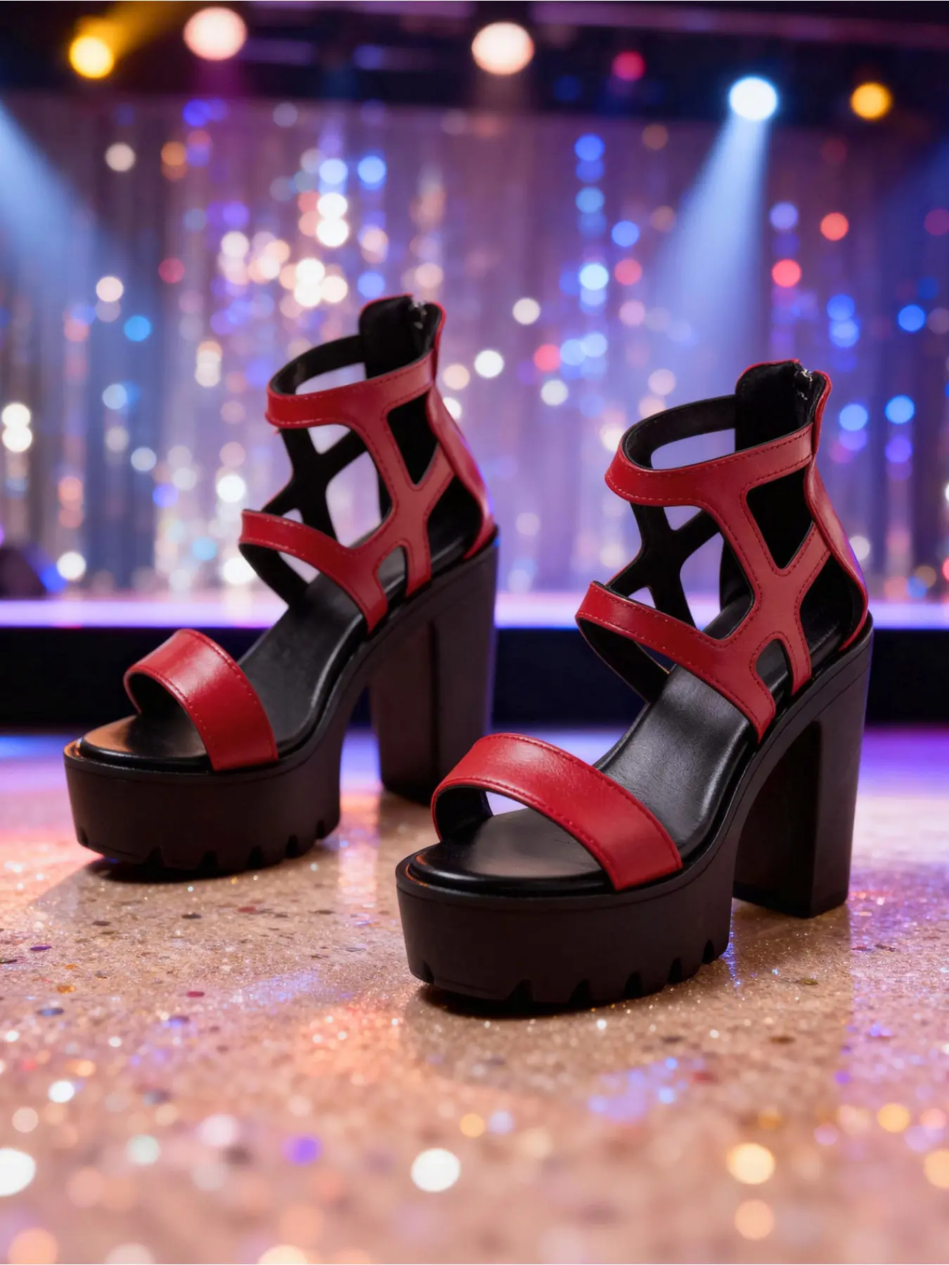 Viral Platform Heels | Black Gladiator Cutout Strappy Platform Chunky Heel Sandals | Y2K Party Shoes