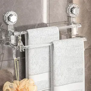 Suction Cup Towel Bar, 1 Count Double Bath Towel Bar, No Drilling Towel Rack with Hook, Stainless Steel Towel Rod, Bathroom Wall Towel Rack, Bathroom Organizers, Bathroom Accessories Organizer