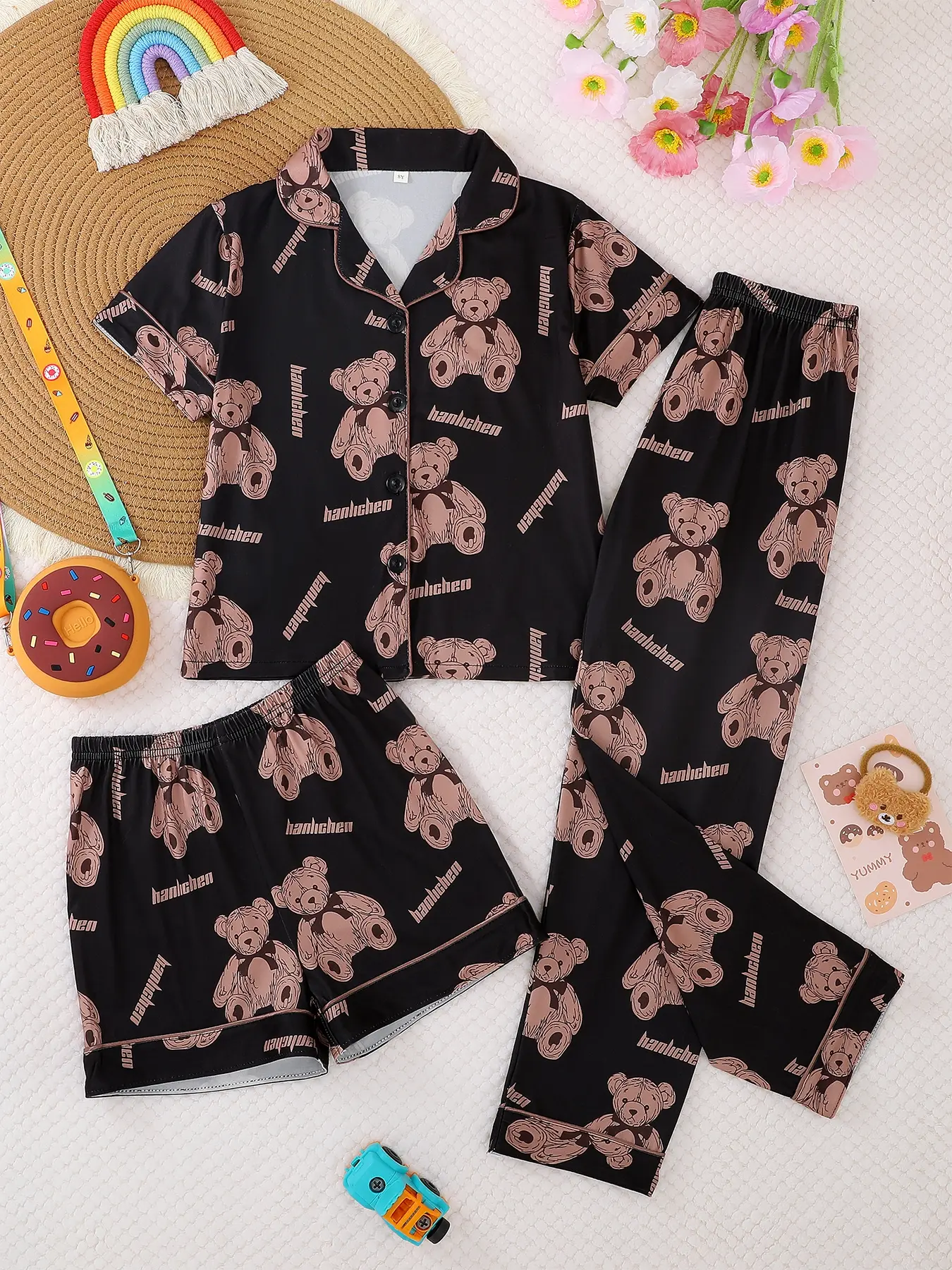 Girls' Cartoon Teddy Bear Sleepwear Set, Casual All-Season Pajamas, Fitted Short Sleeve Top & Bottoms, Button-Front Design, Cartoon Print Pajama, Pajamas Loungewear, Pajama Clothes, Printed Sleepwear Set, Cartoon Pattern Pajamas