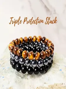 3pcs Triple Protection Bracelet Set, 8mm Tiger Eye, Obsidian, Hematite, Unisex Healing Gift, Men and Women, Therapy Jewelry, Wellness Focused, Healing Crystal Bracelet, Tigers Eye