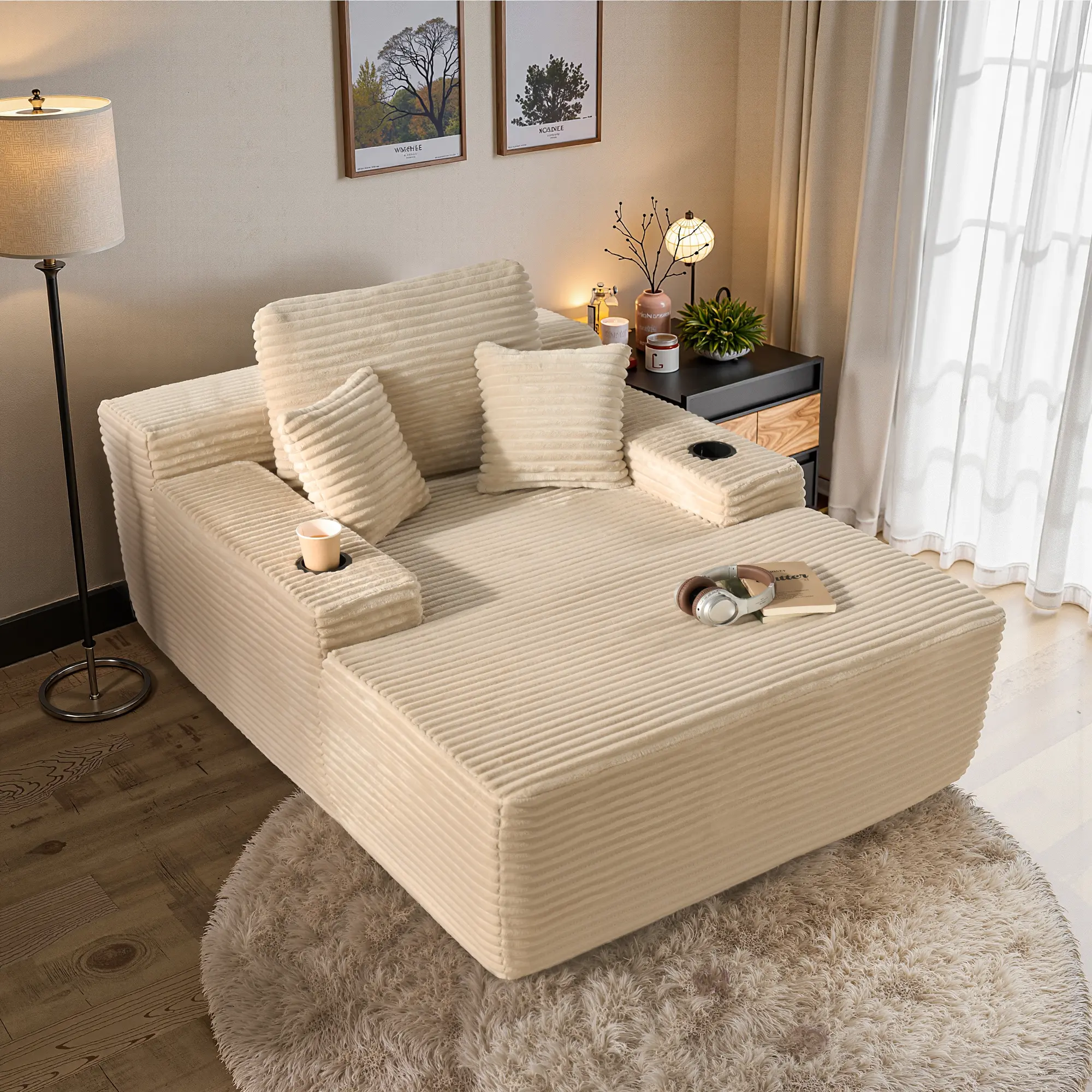 CAODOC 67 Inch Oversized Lounge Chair With Cup Holder, Boneless Chaise Lounge Sofa Bed Living Room, Plush Corduroy Fluffy Comfy No Assembly Couch
