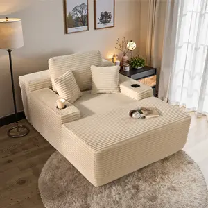 CAODOC 67 Inch Oversized Lounge Chair With Cup Holder, Boneless Chaise Lounge Sofa Bed Living Room, Plush Corduroy Fluffy Comfy No Assembly Couch