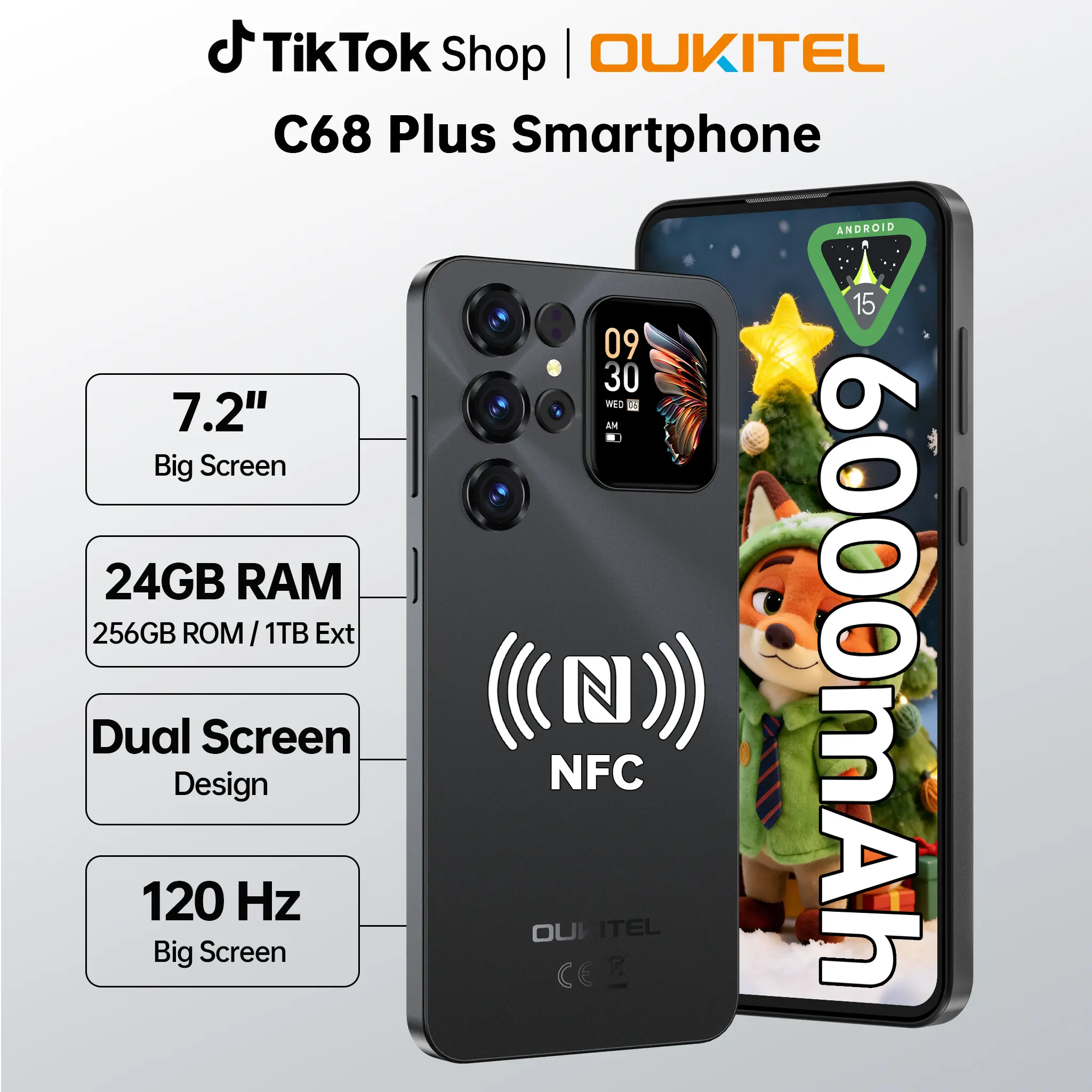 OUKITEL C68 Plus 2026 Dual-Screen Unlocked Android 15 Smartphone,  1.81" Smart Rear Display,  24(8+16)GB RAM + 256 GB ROM , Octa-Core Mobile Phone, 7.2" HD + 120Hz,  6000 mAh Battery,  64 MP + 8 MP Camera, 4G Dual SIM/NFC/GPS/OTG/T-Mobile