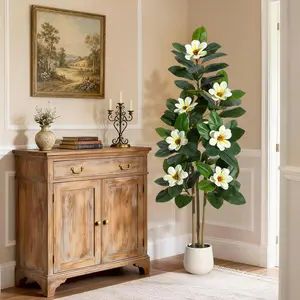 Garvee Fiddle Leaf Fig Tree Artificial Plant in White Planter, Available in 4FT, 5FT, and 6FT Heights, with Faux Rubber Leaves and Magnolia Flowers, Suitable for Home, Office, and Living Room Decor in Pink or White