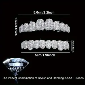 2pcs Hip Hop Cubic Zirconia Teeth Set, Sparkling Punk Upper and Lower Braces, Rapper Accessories Diamond Braces for Boys and Girls Teen Role Play Oral