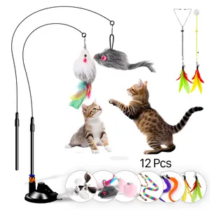 12-in-1 Interactive Indoor Cat Feather Toy Wand - 12Pcs Durable Fishing Pole Cat Feather Toy Replacements - Enhanced Suction Cup Cat Wand Toy - 2 Types Door Hanging Cat String Toy for Indoor Kitten Cats - Litter Box for Cats - Cool Cat Stuff