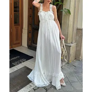 Women Long Tank Dress Lace Trim Tie-up V Neck Sleeveless Backless Empire Waist Ruffle Dress for Evening Party Club