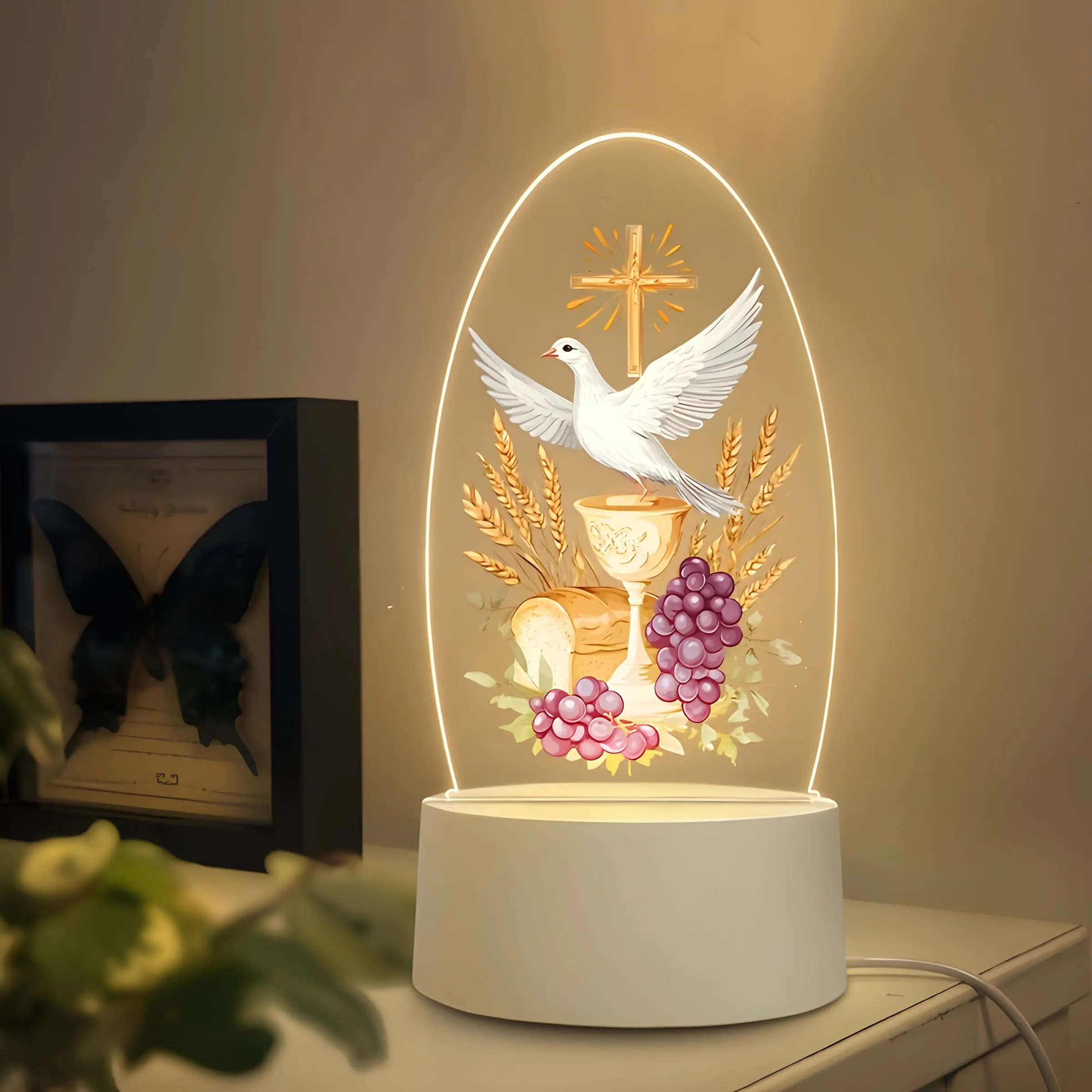 Acrylic Communion Night Light, Christian USB Lamp with Dove, Chalice, Wheat, Grape Design, Warm Glow Faith Decor, Prayer Home Decoration, Decorative Night Light, Nightlight For Bedroom, Acrylic Night Lights, Home Decor Lighting