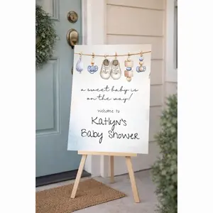 Baby Shower Welcome Sign Watercolor Clothesline Theme Blue Neutral Boy Shower Canvas Ready to Hang on Easel for Baby Boy or Neutral Shower
