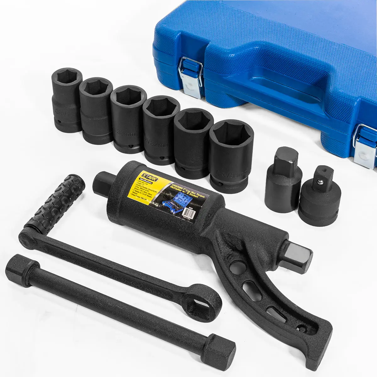 XtremepowerUS Heavy Duty Torque Multiplier Wrench Set for Trucks & Cars - 4800 NM Output, Heavy-Duty Steel Construction, Black Oxide Finish, 1:58 Gear Ratio, Rubber Foam Textured Handle, 6 Socket Sizes (24mm, 38mm Included), Labor Saving Lug Nut Remover