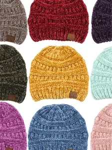 JINS CLOSET Winter Soft Warm Solid Color Ribbed Chenille Unisex knit Beanie