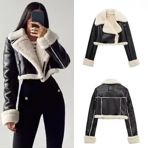 Women's Cropped Leather Jacket Coat Black  Blends Coats Bomber Tweed Jacket Autumn Winter Leather and Fur Crop Jacket(Raincoats)