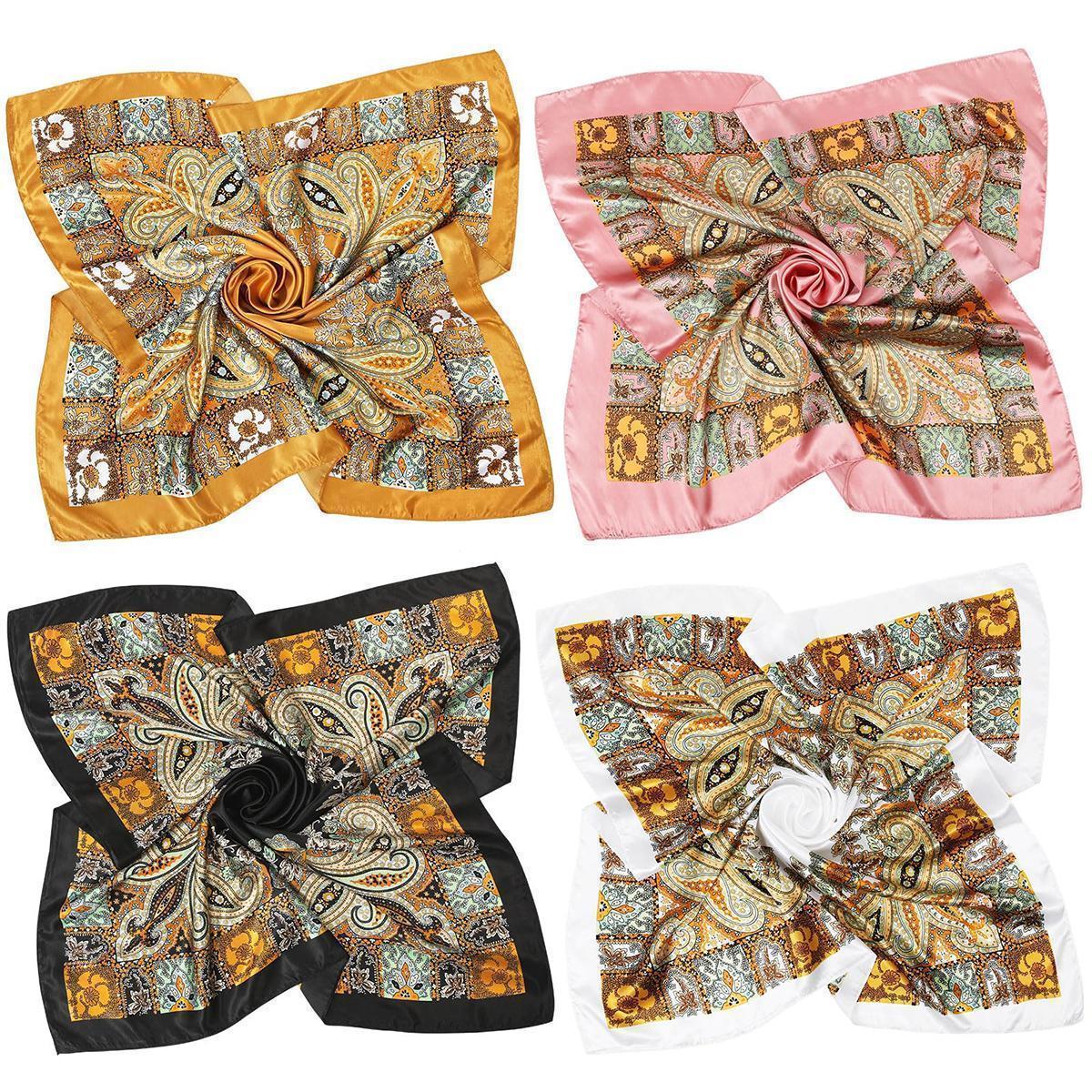 AWAYTR Women's 4-Pack Square Scarves Set - 35" Large Silk-Like Satin Floral Pattern Shawl, Matching Headscarf, Neck Scarf Bandana, Bandana Style Fashion Accessory