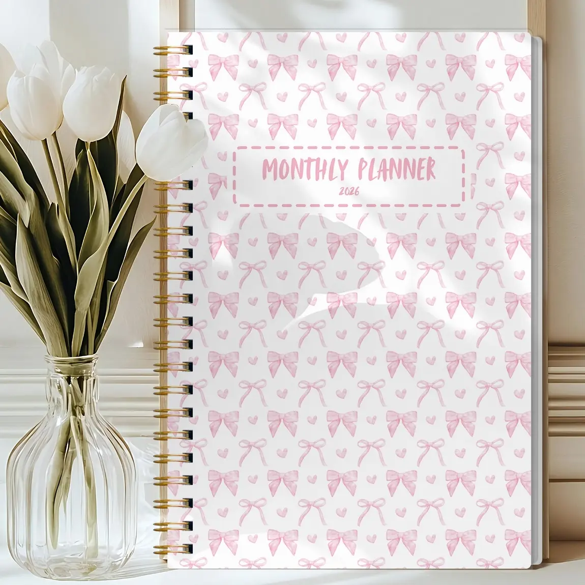 1pc 2026 A5 Monthly Planner Notebook, Teacher Planner, Aesthetic Pink Bow Cover, Time Management, Productivity, Cute Agenda Book with Notes, To Do List, School Study Supplies, Office Organization Must Have, Great Gift