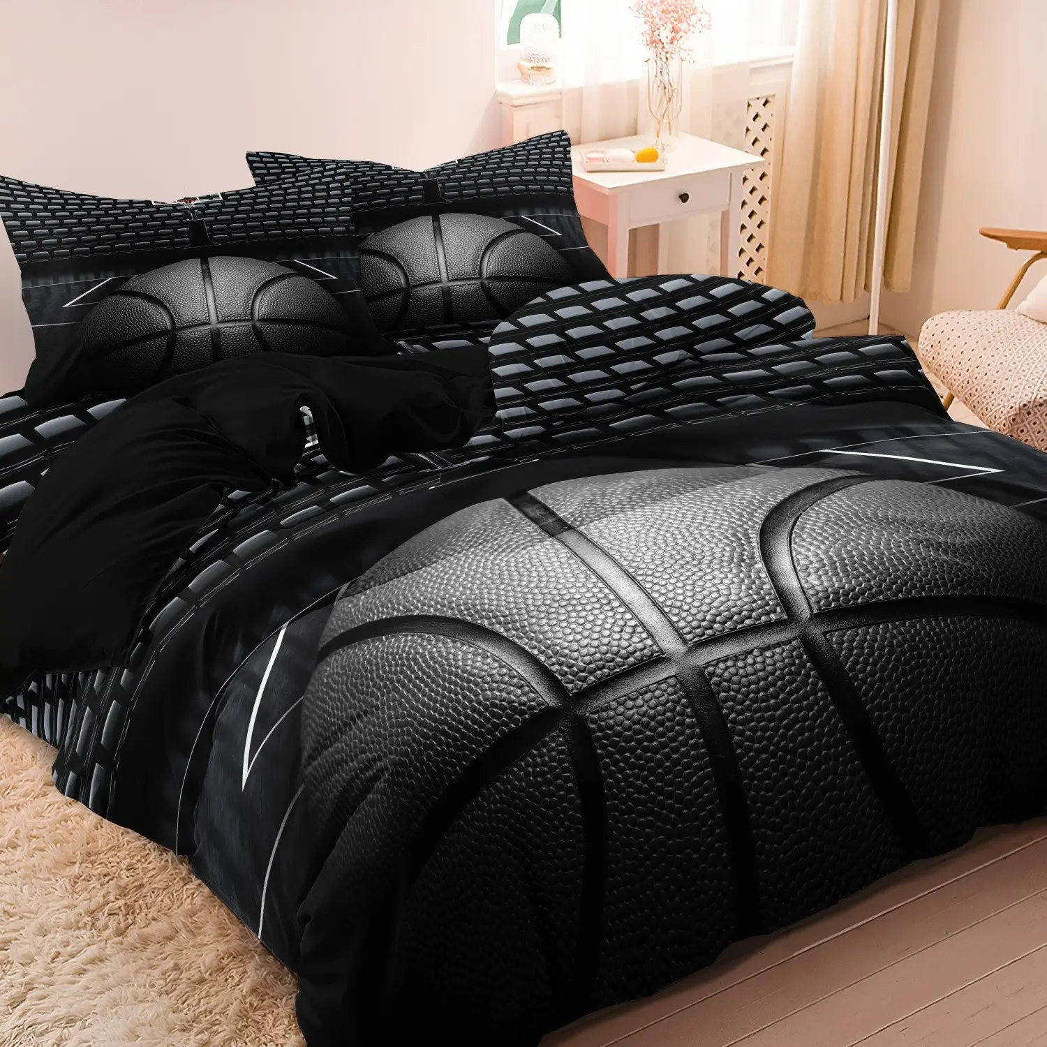 3pcs 2D Flat Basketball Print Duvet Cover Sports Bedding Set With Two Pillowcases For Bedroom Guestroom, Comfy Bedding Sets, Soft & Breathable Microfiber, Machine Washable - Includes 1*Duvet Cover & 2*Pillowcases (Comforter Not Included)