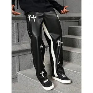 Manfinity Streetrush Men's Cross Print Color Block Pocket PU Leather Casual Baggy Pants, For Friends