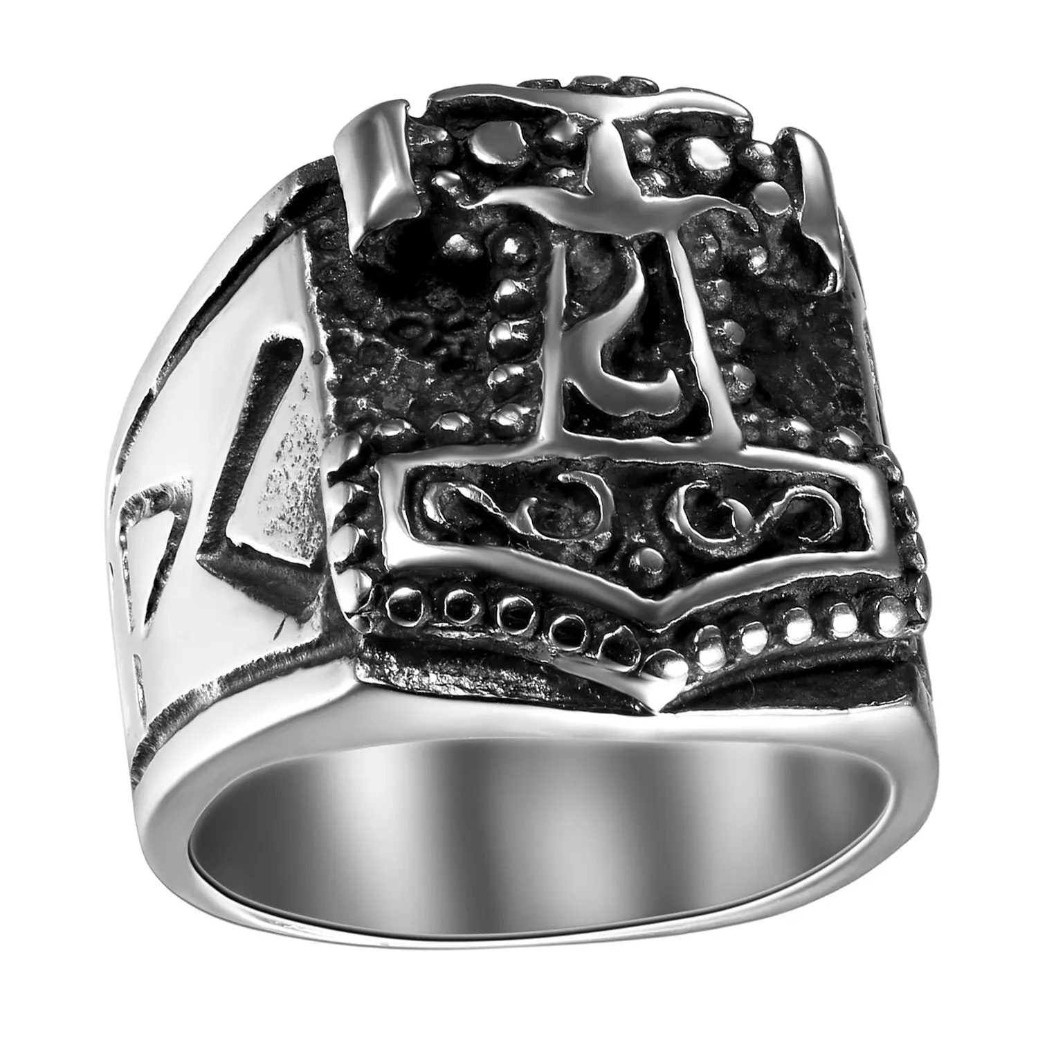 OIDEA Men's Wide Hammered Thor's Hammer Mjolnir Ring, Viking Norse Statement Classic Band, Anti-Rust Heavy-Duty Stainless Steel Ring, Classic Band Rings, Heavy-Duty Metal Rings