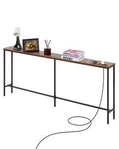 Narrow Console Table For Small Spaces, 70.9-Inch Behind Couch Shelf With Power Outlets, 1-Tier Long Entryway Sofa Table, Metal Frame And Charge Station, Ideal For Entryway, Hallway, Living Room