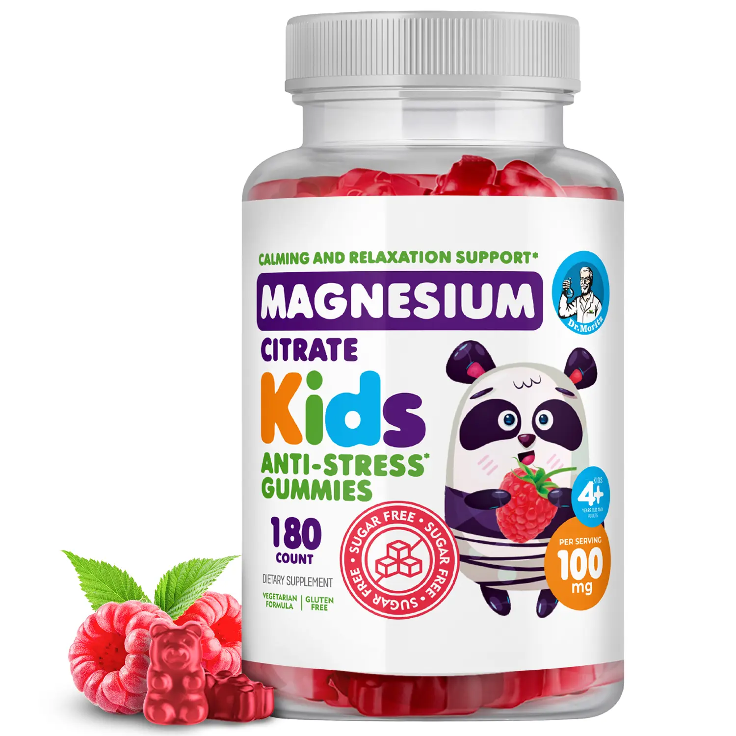 DR. MORITZ Magnesium Citrate Gummies - 100mg Calm & Relaxation Support, Raspberry Flavor, Sugar-Free, Non-GMO - 60 Count Healthcare Supplement for Kids 4+ & Adults