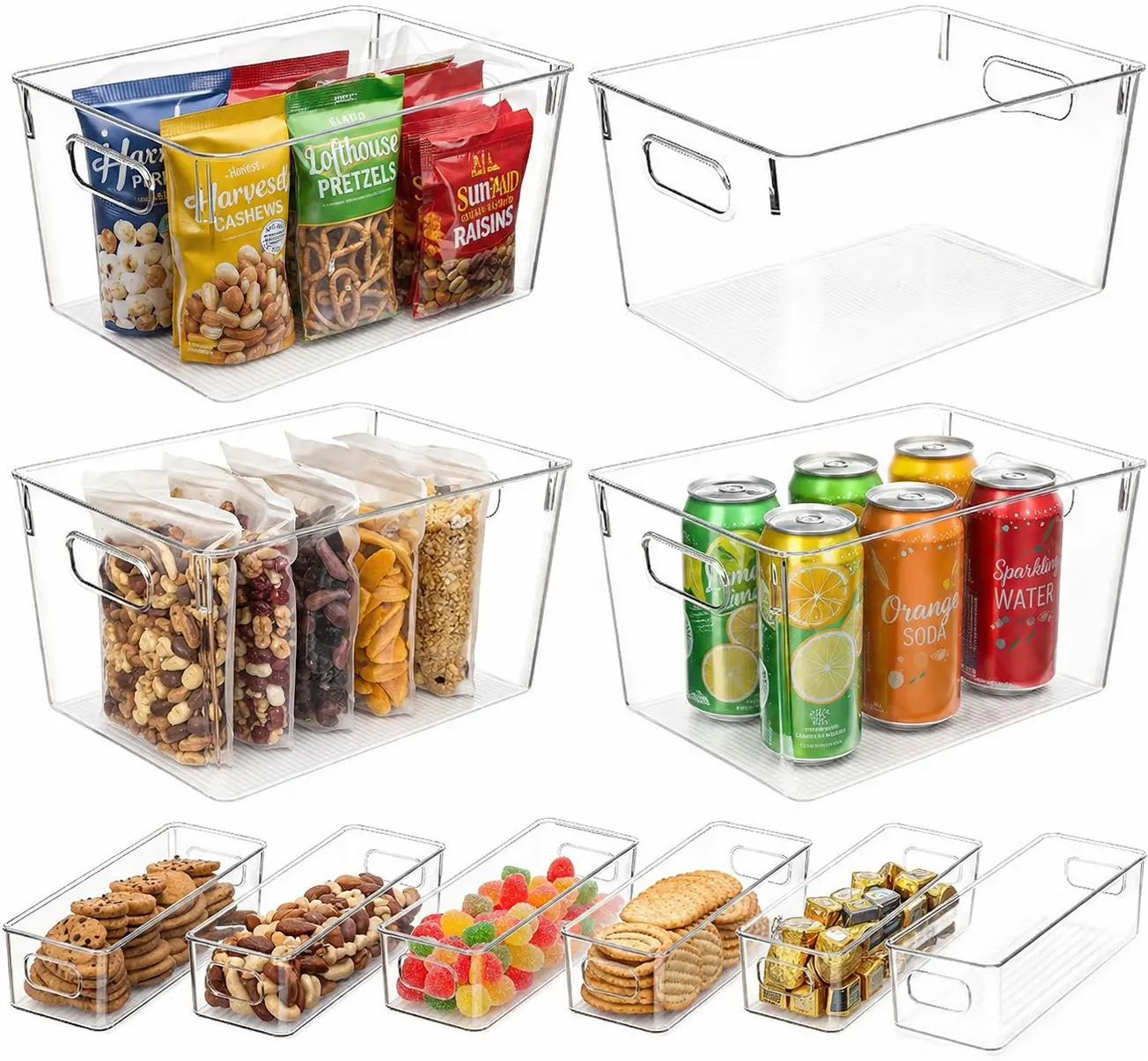 Refrigerator Bins - 10-Piece Clear Plastic Storage Set (4 Large, 6 Small Stackable Containers) for Pantry, Kitchen, Cabinet Organization