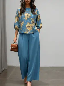 Women's Casual Floral Print Set, Floral Blouse Half-Sleeve + High-Waisted Pants, Loose Fit, All-Season Wear, Perfect for Daily Commuting, Womenswear