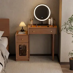 Luxury 100% Solid Wood Vanity Desk with Mirror, Mid-Century Modern Makeup Table with Glass Top & Ambient Light, 2-in-1 Vanity and Nightstand with Storage Cabinet for Bedroom