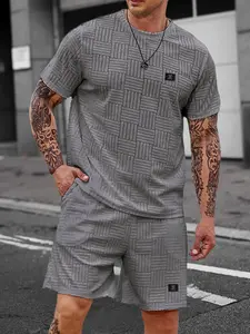 Men's Letter Patched Short Sleeve Tee & Shorts Loungewear Two-piece Set, Regular Fit Casual Comfy Round Neck T-shirt & Shorts Set, Men's Sleepwear for All Seasons