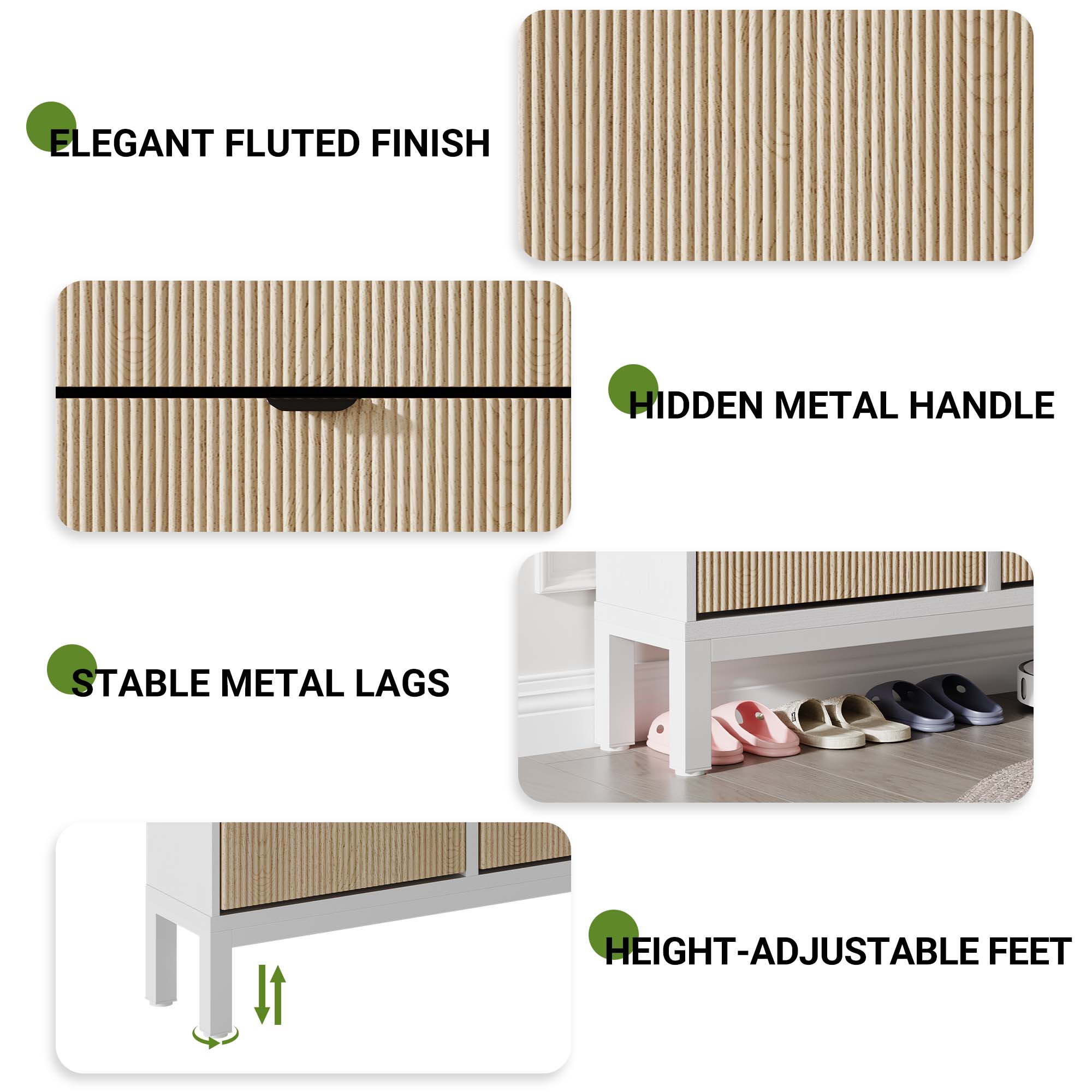 Modern Fluted Shoe Storage Cabinet – 4 turn Drawers, Narrow Wooden Shoe Organizer, Hidden Freestanding Entryway Shoe Rack with Metal Legs, Sleek Storage for Hallway or Foyer, White + Gray / Black + Oak