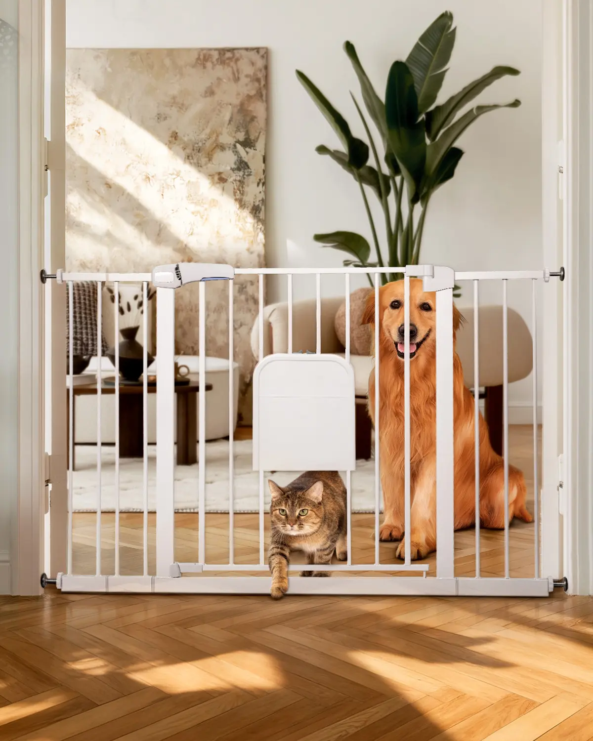Adjustable Baby Gate with Cat Door, Auto-Close Pressure-Mounted Safety Gate for Doorways & Stairs – Ideal for Multi-Pet Homes (29–45 Inches, White/black)