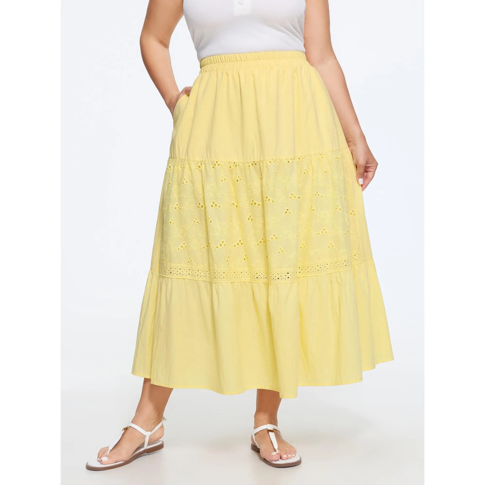 BLOOMCHIC Women's Plus Size Cotton Eyelet Detail Patchwork Tiered Midi Length Skirt, Multi-Size [M-6X] 2026 Summerfinds