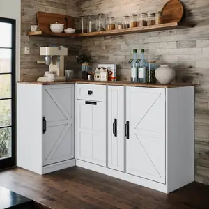 White Farmhouse L-Shaped Corner Kitchen Pantry Cabinet with Countertop, Hidden Trash Storage, 3-Tier Spice Rack, Doors & Adjustable Shelf, Sideboard Storage Cabinet for Dining Room