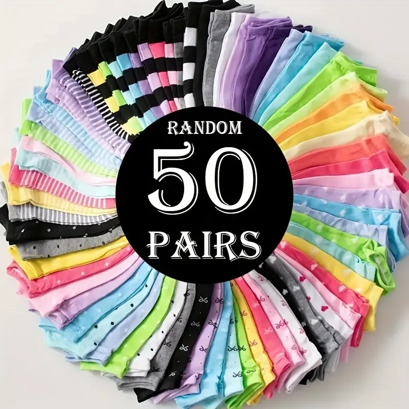 Women's 50 Pairs Low Cut Invisible Athletic Socks - Multicolor, Random Assortment, Plain, Casual, Breathable, Moisture-Wicking, Odor-Resistant, Versatile Short Multicolor Athletic Socks, Athletic Sock, Multicolor Athletic Sock