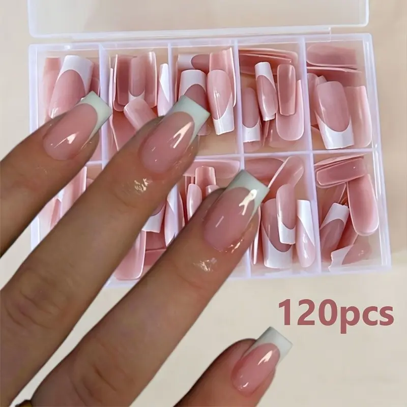 120 pieces of shiny solid color wearable nail, white pink square, Square Nail Tips, medium to long, suitable for both hands and feet, salon grade quality fake nails, easy to stick cute nail accessories, smooth surface, Press On Nail