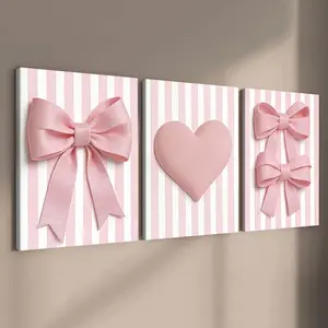 3-Piece Unframed Canvas Art, Artwork, Decorative Artwork, Striped Bow Heart Trio, Modern Home Decor, Waterproof Wall Art, Living Room & Bedroom Poster