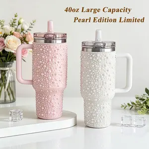 1pc 40oz large capacity stainless steel tumbler - decorated with pearl diamonds, reusable thermos cup,spill proof tumbler, suitable for daily drinking utensils for home and outdoor use, an excellent gift for friends and family