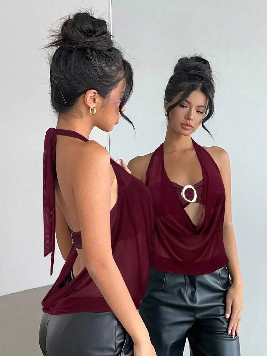 Women's Maroon Halter Backless Top, Plunging Neck Semi-Sheer Metal Summer Club Night Party Vacation Street Chic,Wine Red!!