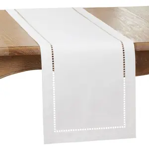 Saro Lifestyle Dining Table Runner With Laser-Cut Hemstitch Design, White, 14" x 120"