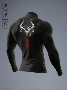 Men's Compression Rash Guard, High Neck Long Sleeve Agility Print, Quick-Dry Fit for Fitness, Running & Riding, Sporty Graphic Workout Shirt, Athletic Activewear