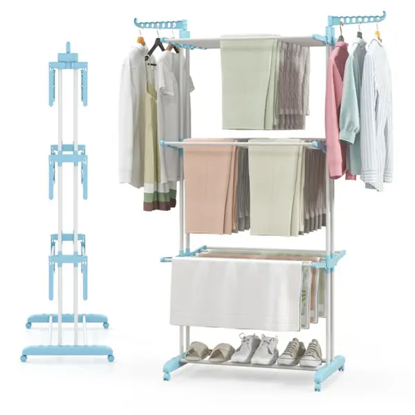 Blue 4-Tier Foldable Clothes Drying Rack with Wheels, Heavy Duty Metal Laundry Hanger Stand for Indoor Outdoor Use