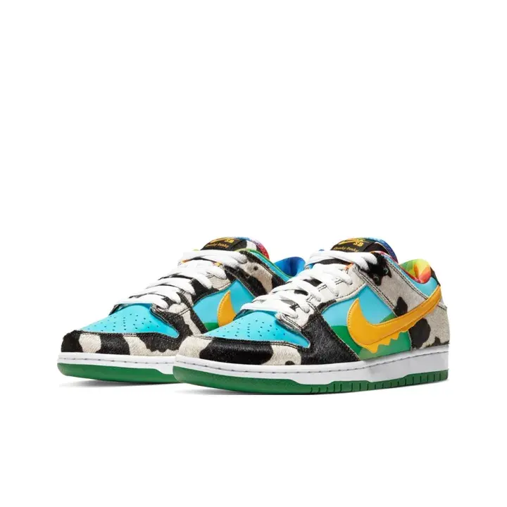 Multi-Color Cow Print Leather Mid Low Cushion Trainers, Contrast Cyan Green Upper Wave Yellow Decor Full Green Rubber Outsole Retro Unisex Fashion Sneakers