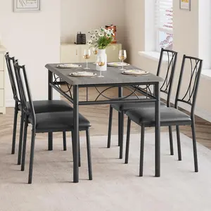 Small Dining Table Set for 4, Wooden Kitchen Table with 4 Upholstered Chairs, Space Saving Compact Dining Table with Corner Guard, Ideal for Kitchen, Dining Room, and Small Area, Gray